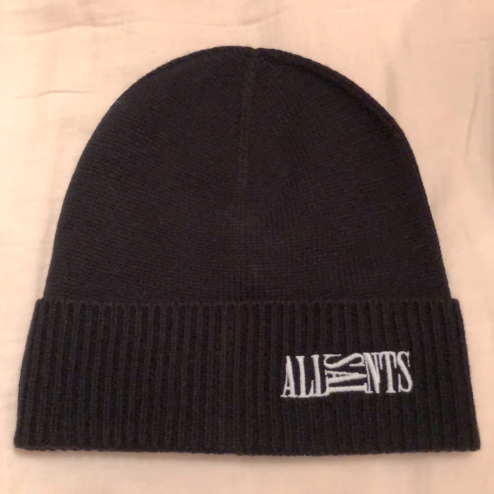 NWT All Saints Embroidered Opposed Logo Beanie Black